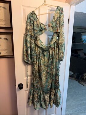 Green Silk Floral Cutout Midi Dress